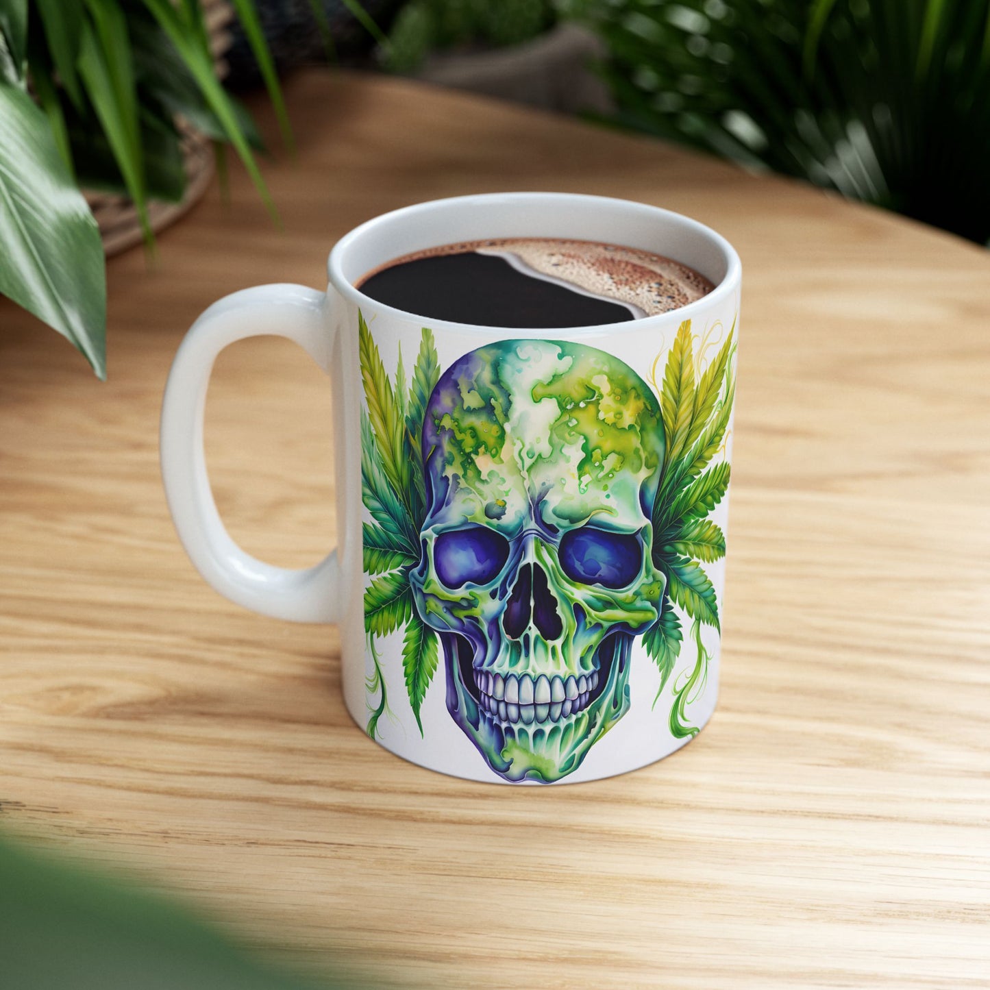 Vibrant Skull & Leaf Ceramic Mug - 11oz Perfect for Stoners