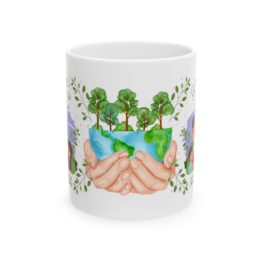 Eco-Friendly Hands Holding Earth Ceramic Mug - Perfect Gift for Nature Lovers