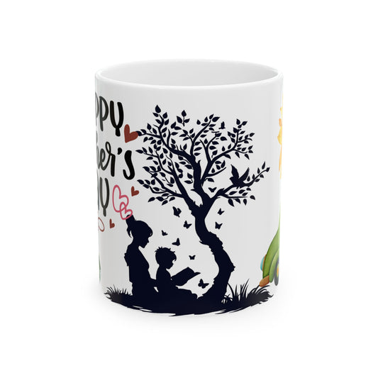 Happy Mother's Day Ceramic Mug - Sunflower Design, Cute Family Illustration - 11oz