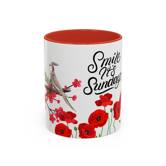 Inspirational Accent Coffee Mug - "Smile It's Sunday" with Poppy Design - Perfect Gift for Coffee Lovers