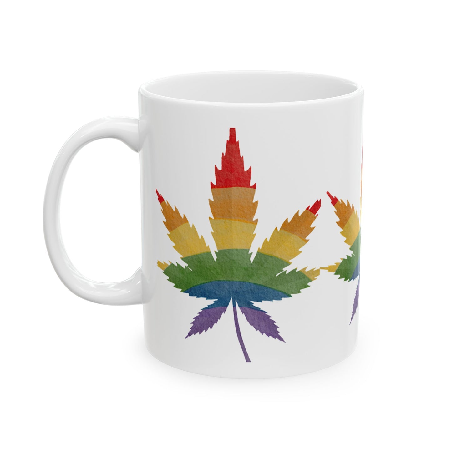 Rainbow Leaf Ceramic Mug - Colorful Cannabis Design for Proud Allies