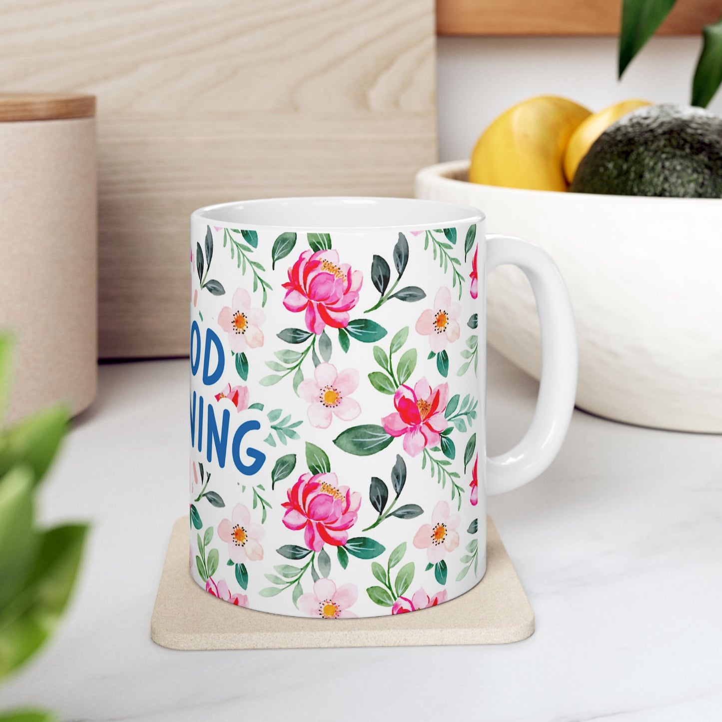 Good Morning Floral Ceramic Mug - 11oz Coffee Cup for Bright Mornings