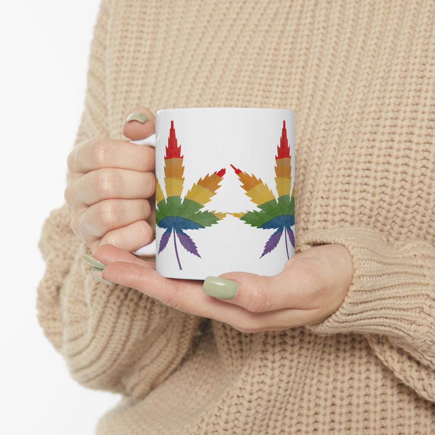 Rainbow Leaf Ceramic Mug - Colorful Cannabis Design for Proud Allies