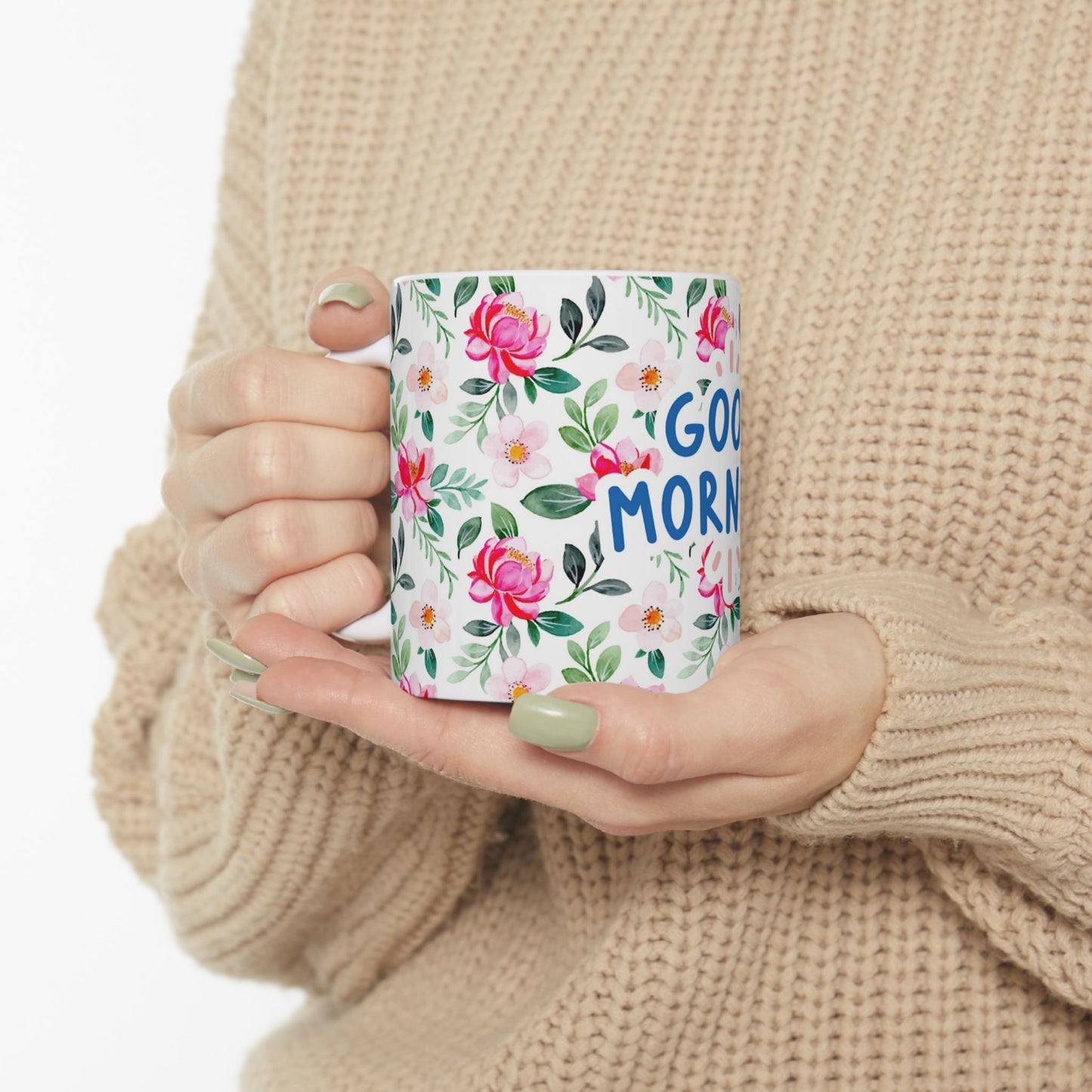 Good Morning Floral Ceramic Mug - 11oz Coffee Cup for Bright Mornings