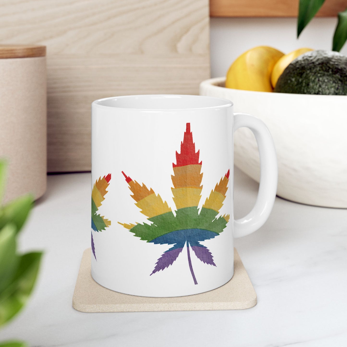 Rainbow Leaf Ceramic Mug - Colorful Cannabis Design for Proud Allies