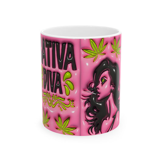 Sativa Diva Ceramic Coffee Mug - Bold Pink Design for Cannabis Lovers