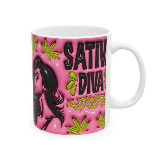 Sativa Diva Ceramic Coffee Mug - Bold Pink Design for Cannabis Lovers