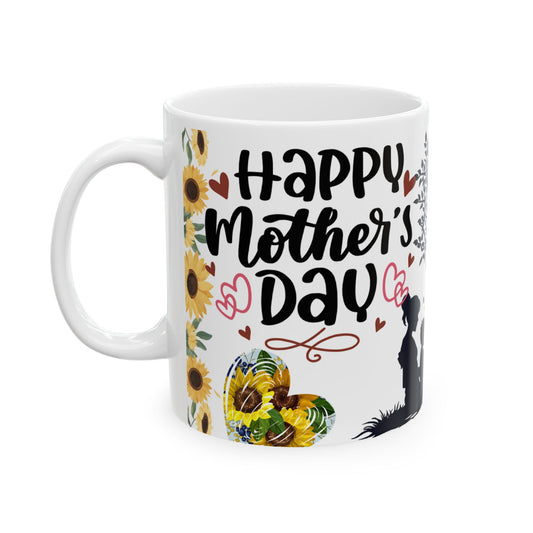 Happy Mother's Day Ceramic Mug - Sunflower Design, Cute Family Illustration - 11oz