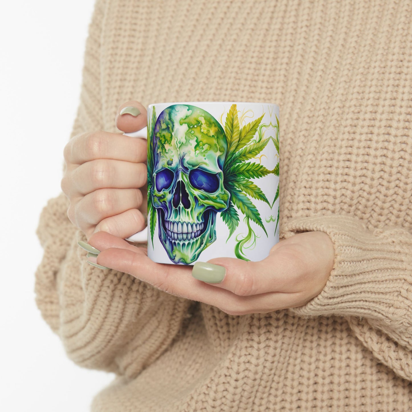 Vibrant Skull & Leaf Ceramic Mug - 11oz Perfect for Stoners