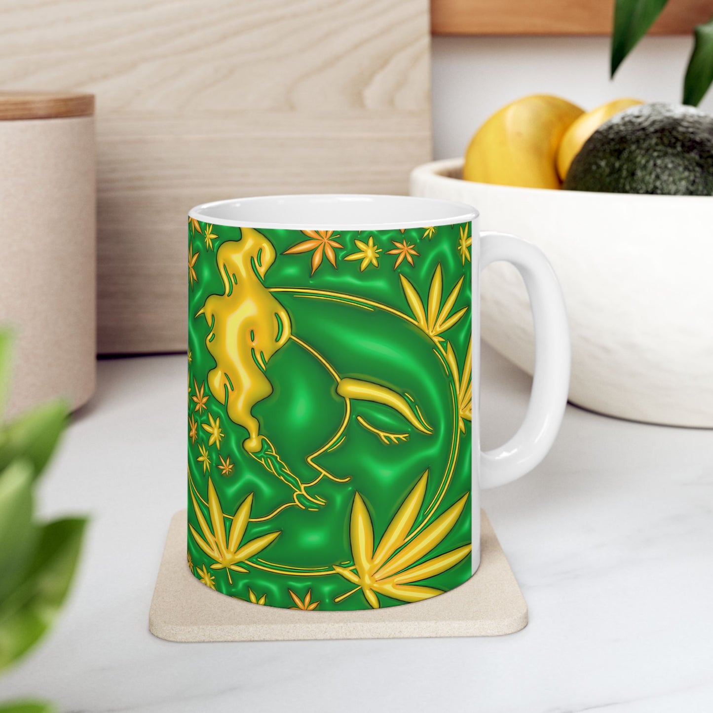 Psychedelic Cannabis Mug - 11oz Vibrant Green Leaf Design