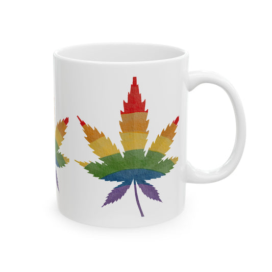 Rainbow Leaf Ceramic Mug - Colorful Cannabis Design for Proud Allies