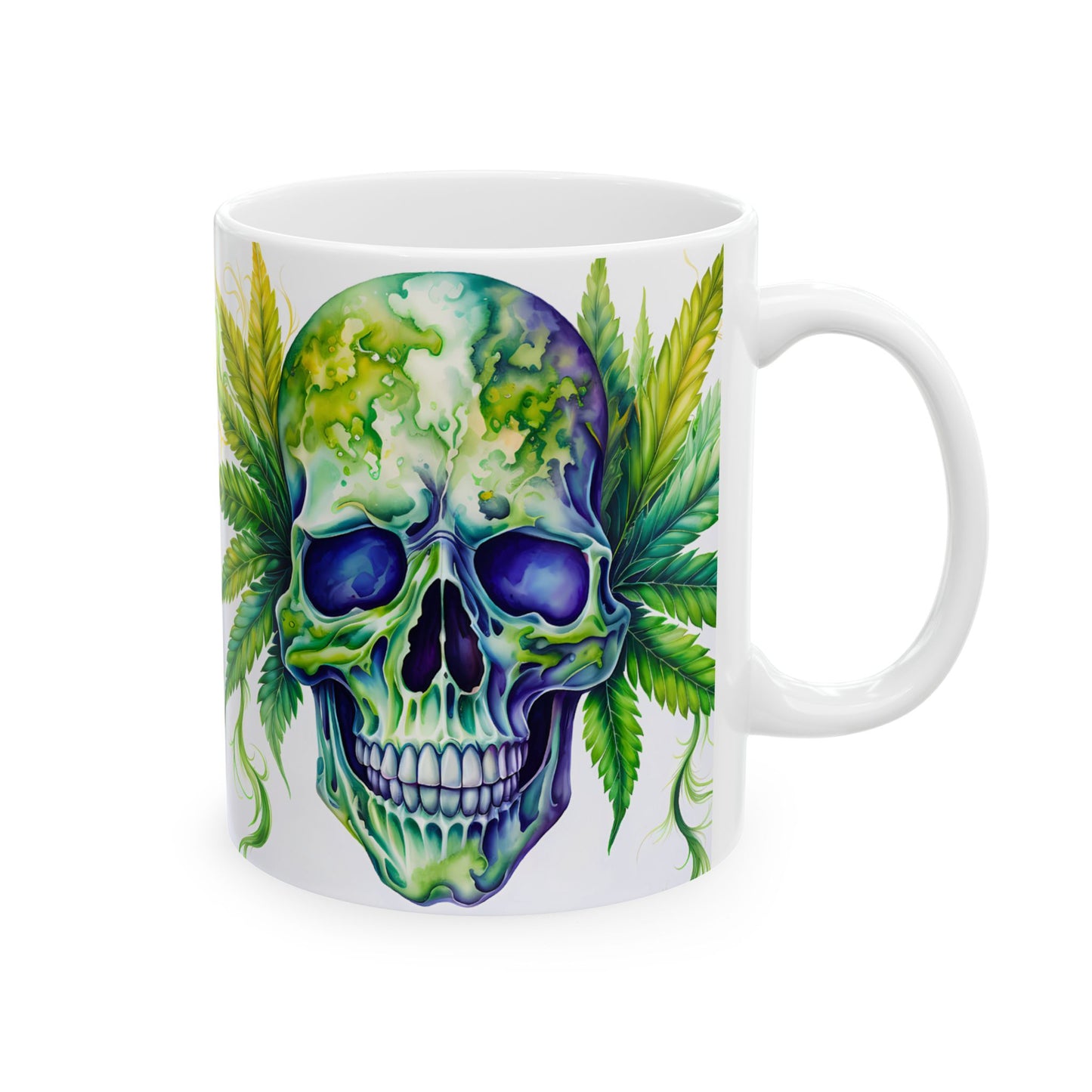 Vibrant Skull & Leaf Ceramic Mug - 11oz Perfect for Stoners
