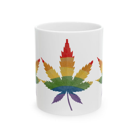 Rainbow Leaf Ceramic Mug - Colorful Cannabis Design for Proud Allies