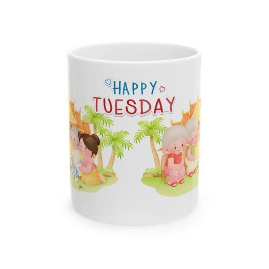 Happy Tuesday Ceramic Mug - Cute Tropical Design for Coffee Lovers