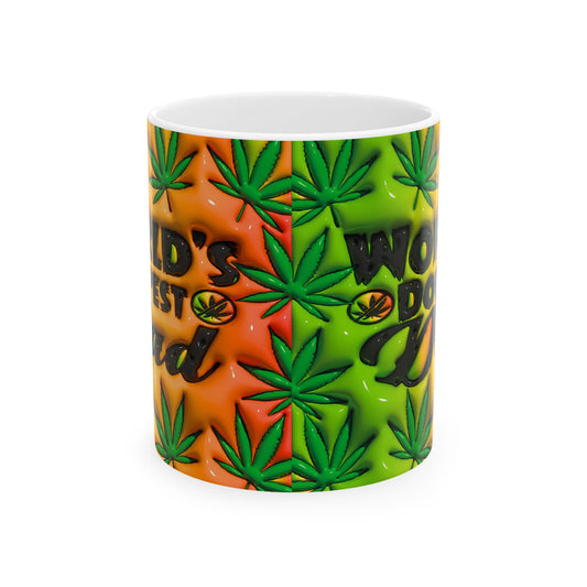 World's Dopest Dad Ceramic Mug - Colorful Green & Orange Cannabis Design