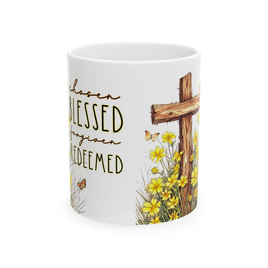 Inspirational Ceramic Mug - 'Chosen, Blessed, Redeemed' with Floral Design