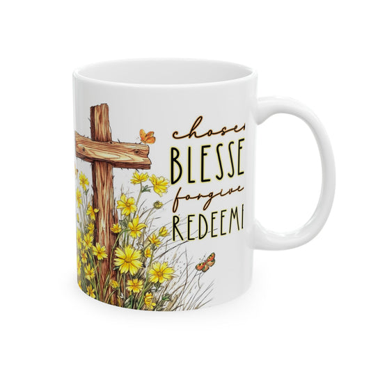 Inspirational Ceramic Mug - 'Chosen, Blessed, Redeemed' with Floral Design