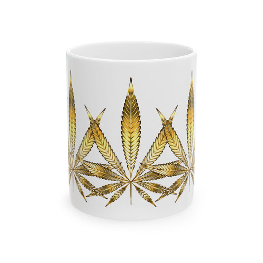 Gold Leaf Cannabis Ceramic Mug - 11oz Coffee Cup for Cannabis Lovers