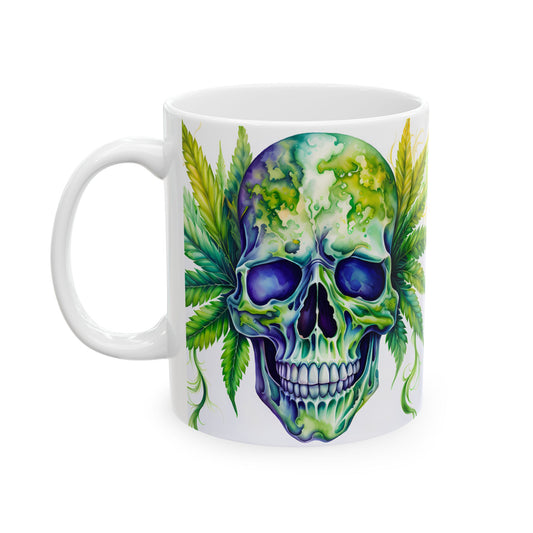 Vibrant Skull & Leaf Ceramic Mug - 11oz Perfect for Stoners