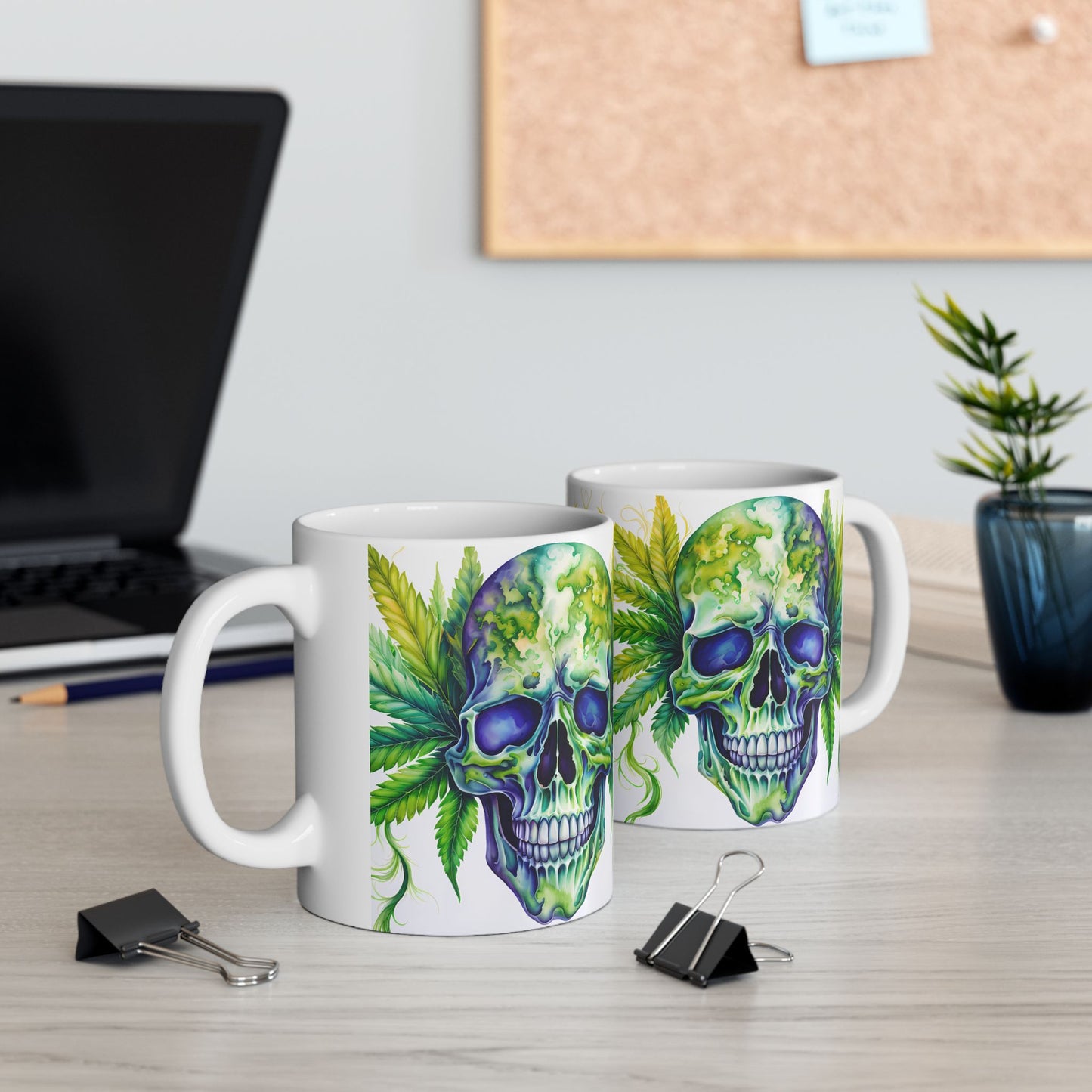 Vibrant Skull & Leaf Ceramic Mug - 11oz Perfect for Stoners