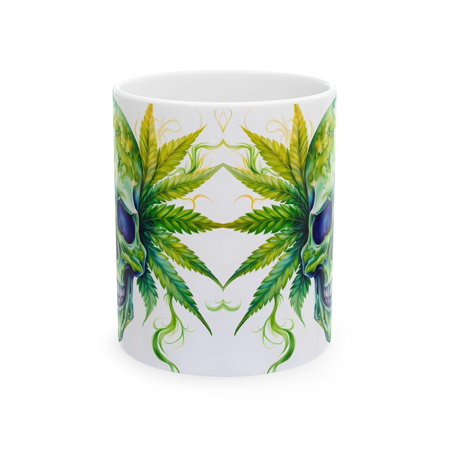 Vibrant Skull & Leaf Ceramic Mug - 11oz Perfect for Stoners