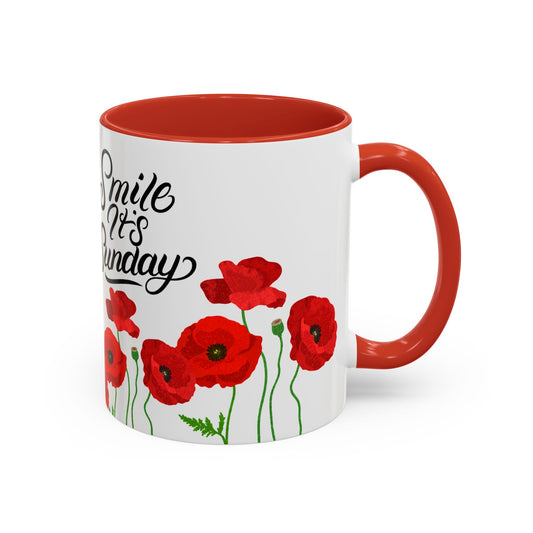 Inspirational Accent Coffee Mug - "Smile It's Sunday" with Poppy Design - Perfect Gift for Coffee Lovers