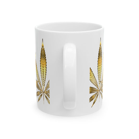 Gold Leaf Cannabis Ceramic Mug - 11oz Coffee Cup for Cannabis Lovers